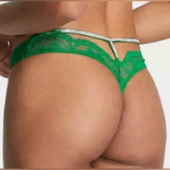 S M Victoria's Secret Shine Strap T Back Lace Thong Panty Green Christmas - Picture 1 of 5